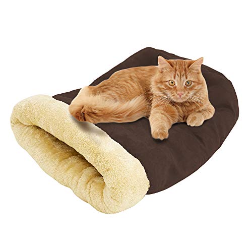 4 in 1 Self Warming Burrow Cat Bed, Pet Hideway Sleeping Cuddle Cave (Brown) - color: Brown