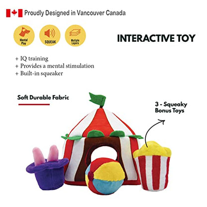 HugSmart Pet – Happy Circus |Squeaky Hide and Seek Plush Dog Toys | Cute Interactive Plush Puzzle Toys for Small/Medium Dogs (Happy Circus)