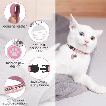 Leather Personalized Breakaway Cat Collar with Studded Bell and Safety Quick Release Buckle - Rivets Studded ID DIY Collars for Boy Girl Cats Kittens, 9" - 11.5" Pink - color: Pink, size: 9"-11.5"