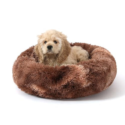 Calming Donut Dog Bed for Small to Medium Dogs & Cats - Plush Faux Fur Anti-Anxiety Pet Bed with Machine Washable Cover & Non-Slip Base - color: Bandhnu Dark coffe, size: X-Small 15.7''