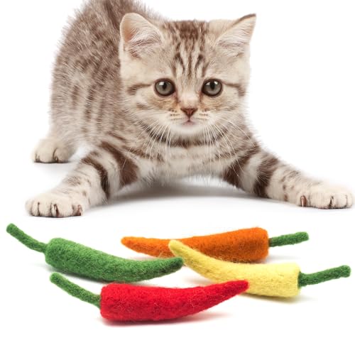 Glaciart One Cat Chili Pepper Toy – 4 Pcs | Soft Fuzzy Enrichment 100% Natural Wool - Interactive Catnip Play Cat Toy Set - Safe for Pets, Non-AZO Colored Dyes - color: Peppers