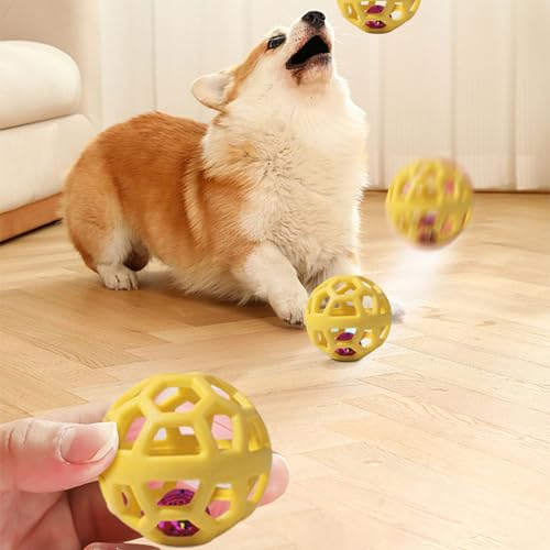 Dog Chew Toys with Bell Sound, 3 Rubber Bouncy Ball for Medium/Large Dogs, Interactive Fetch Ball Teeth Cleaning&Training, Hollow Design with Internal Bells (Yellow) - color: Yellow