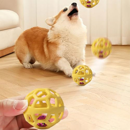 Dog Chew Toys with Bell Sound, 3 Rubber Bouncy Ball for Medium/Large Dogs, Interactive Fetch Ball Teeth Cleaning&Training, Hollow Design with Internal Bells (Yellow) - color: Yellow