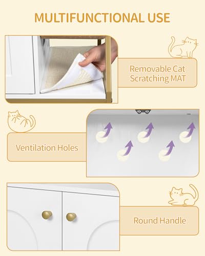 Hzuaneri Cat Litter Box Enclosure with Cat Tree, 4-in-1 Modern Cats House with Large Platform, Cats Condo with Sisal Scratching Mat, Posts, Stairs and Pompom, Washable Cushions, White Gold CB81013A - color: White and Gold