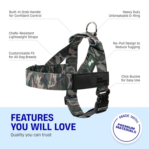Dog Friendly Co. Dog Harness | Chafe Resistant Webbing, Adjustable Neck & Chest, and Heavy Duty D-Ring | Sturdy, Comfortable, Easy to Use | Green Camo, Size S - color: Green Camo, size: Small