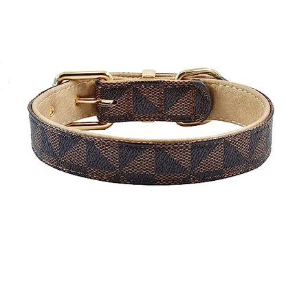 Leather Dog Collar and Leash Set, Check Pattern Dog Collar Leashes Metal Buckle Adjustable Durable for Small Medium Large Dogs (Brown, M(11.8-15IN)) - color: Brown, size: M(11.8-15IN)