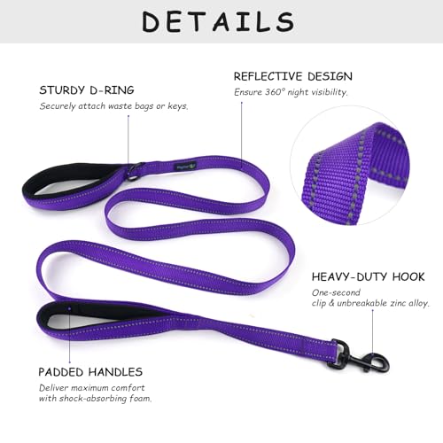 Wagtime Club Double Handle Dog Leash, 6ft Long Heavy Duty Dog Leash with Paded Traffic Handles for Extral Control and Training, Dual Handles Leads, Large Medium Small Dogs (Reflective Vibrant Purple) - color: Reflective Vibrant Purple