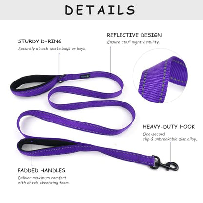 Wagtime Club Double Handle Dog Leash, 6ft Long Heavy Duty Dog Leash with Paded Traffic Handles for Extral Control and Training, Dual Handles Leads, Large Medium Small Dogs (Reflective Vibrant Purple) - color: Reflective Vibrant Purple