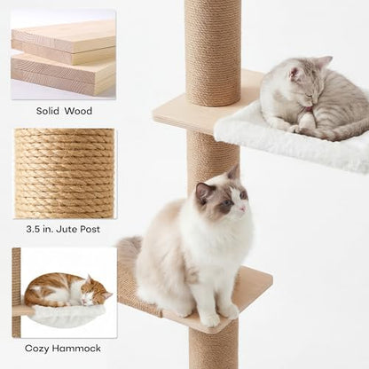 Floor to Ceiling Cat Tree, 5 Tier Adjustable Height (6-10.1 ft) Climbing Tower with Sisal Scratching Posts, Cats Activity with Cozy Hammock for Indoor Cats (Floor to Ceiling) - size: Floor to Ceiling