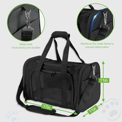Roaringkitty Travel in Style: Portable Pet Carrier for Small Pets up to 15 Lbs- Airline Approved, Collapsible & Comfortable cat/Puppy Soft Sided Bag (Black)