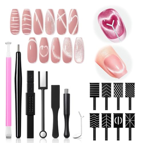 modelones Cat Eye Magnet, 15PCS Cateye Gel Polish Nail Magnet Nail Tools with Black Bead-Attracting Nail Magnet Pen & Heart-Shaped Magnet for Nail Perfect for Home DIY, Nail Art Design - color: A Cat Eye Magnet