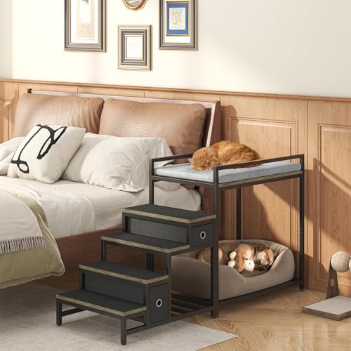 Saudism Pet Bunk Bed with Removable Stairs and 2 Drawers, Dogs/Cats Window Perch, Dog Window Seat with Soft Cushion, Ultra-Shallow Steps, Sturdy Metal Frame, Non-Slip, Load Capacity 60 LBS - color: Grey