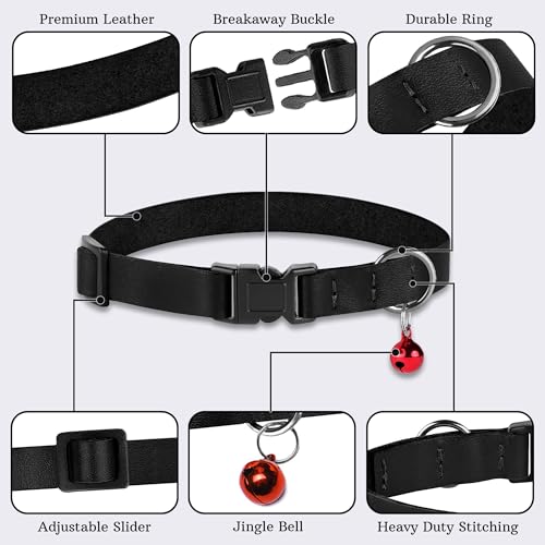 Breakaway Cat Collar with Bell - Leather Adjustable Kitten Collars with Safety Quick Release Buckle - Soft Small Pet Collars for Girl & Boy Cats - color: Black