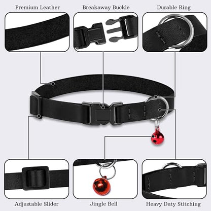 Breakaway Cat Collar with Bell - Leather Adjustable Kitten Collars with Safety Quick Release Buckle - Soft Small Pet Collars for Girl & Boy Cats - color: Black