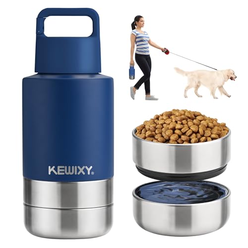 KEWIXY Insulated Dog Travel Water Bottle with Detachable Bowls, 3 in 1 Portable Dog Water Bottle Dispenser, Dog Accessories for Walking, Hiking, Camping, Outdoor (Navy Blue, 32 Oz) - color: Navy Blue