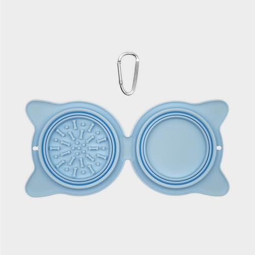 Collapsible Dog Bowls for Travel, 2-in-1 Silicone Slow Feeder with Clip, Portable Dog or Cat Pet Food & Water Bowl Set (Blue Angelite) - color: Blue Angelite