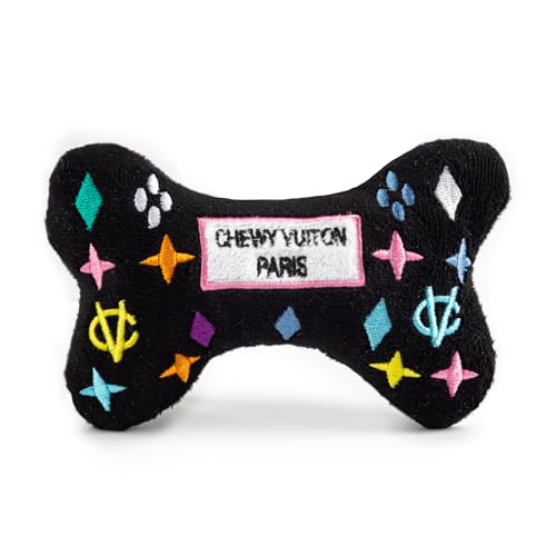 Haute Diggity Dog Chewy Vuiton Bone Plush Squeaky Dog Toy, Soft Durable Designer-Inspired Stuffed Puppy Chew Toys for Small & Medium Dogs, Machine-Washable (Black Monogram) Small - color: Black Bone, size: Small