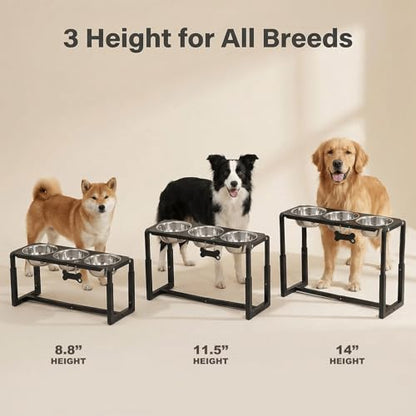 Metal Elevated Dog Bowls, Raised Dog Bowls for Medium/Large Sized Dogs with Three 58oz Stainless Steel Food Bowls, 3 Adjustable Height (8.8"/11.5"/14") Dog Bowl Stand Protect Neck & Joints - size: 8.8-14" | M/L Dogs | 3×58oz Bowls