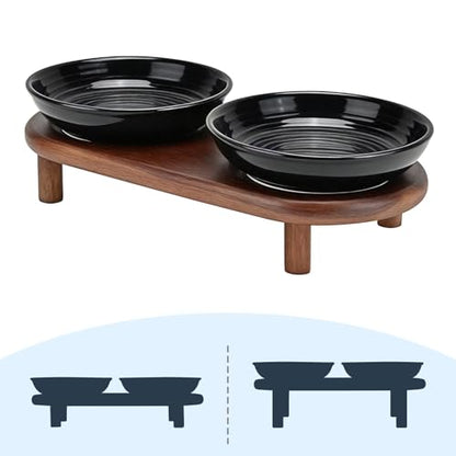SPUNKYJUNKY Shallow Elevated Cat Bowl with Acacia Wood Stand Wide Raised Ceramic Cat Dishes Whisker Friendly Pet Food and Water Plates (Striped Pattern, Black) - color: Black