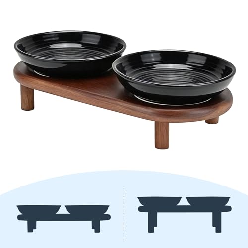 SPUNKYJUNKY Shallow Elevated Cat Bowl with Acacia Wood Stand Wide Raised Ceramic Cat Dishes Whisker Friendly Pet Food and Water Plates (Striped Pattern, Black) - color: Black