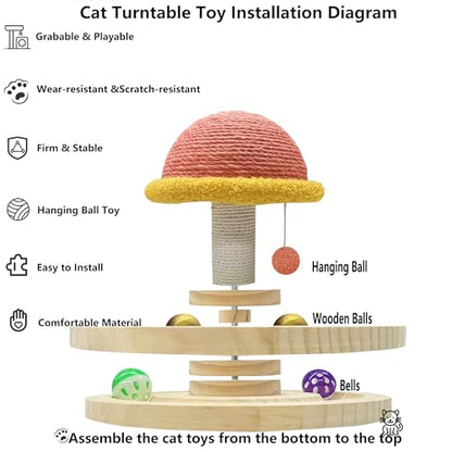 Cat Scratching Post with Hanging Ball,Cat Turntable Ball Toy,Cat Mushroom Sisal Scratcher,Kitten 2 Layer Wooden Track Spinning Balls,Fun Turntable Toy for Indoor Cats Physical Exercise