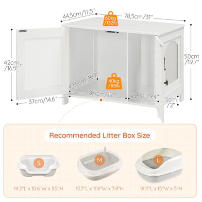 HOOBRO Litter Box Enclosure, Cat Litter Box Furniture with Removable Divider, Large Hidden Litter Box Furniture, Wooden Cat House, End Side Table, 31" L x 17.5" W x 19.7" H, White WT03MW01G2 - color: White