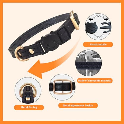 Cat Collar Breakaway with D-Ring and Safety Buckle, Adjustable, Soft Sheep Leather and Lightweight for Kittens and Small Pets (Neck Fit 7.5"-11", Black) - color: Black（7.5" - 11"）