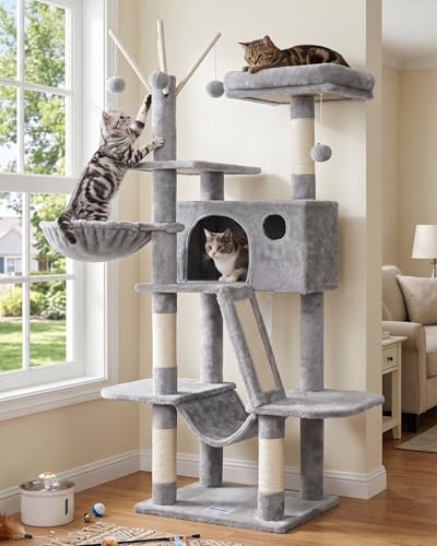 Hey-brother Cat Tree, 53 inch Cat Tower for Indoor Cats, Cat House with Padded Platform Bed, Toy Balls, Large Cozy Condo, Hammocks and Sisal Scratching Posts, Light Gray MPJ019-SW - color: Light Gray