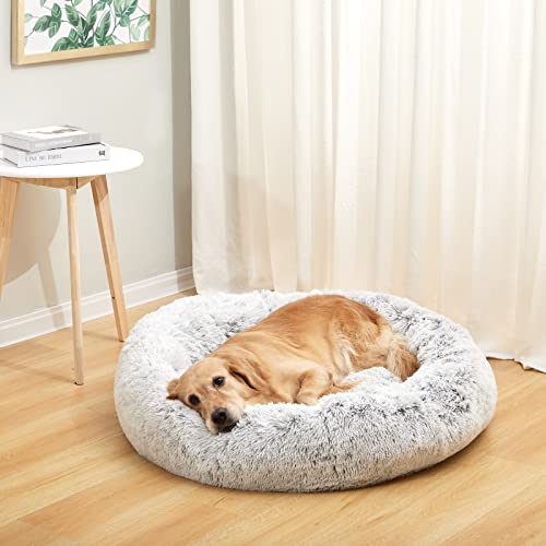 Bedfolks Calming Donut Dog Bed, 36 Inches Round Fluffy Dog Beds for Large Dogs, Anti-Anxiety Plush Dog Bed, Machine Washable Pet Bed (Light Grey, Large) - color: Light Grey, size: 36.0"L x 36.0"W x 8.0"Th