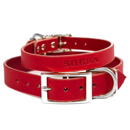 Handmade Personalized Bridle Leather Dog Collar, Engraved Stainless Steel Nameplate (Red) - color: Red