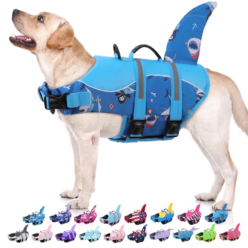 Dog Life Jacket - Shark Life Vest for Swimming Boating - Reflective Lifejacket Swimsuit for Small Medium Large Dogs - High Buoyancy Lifesaver Preserver with Rescue Handle, Blue Pirate XS - color: Blue Pirate Shark, size: X-Small