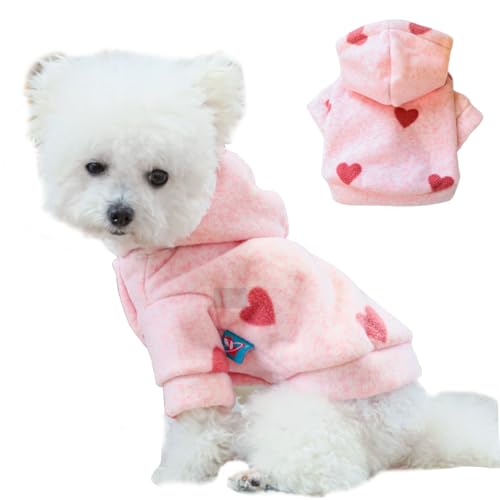 Pink Dog Hoodies for Small Dog Valentine’s Day Puppy Clothes with Leash Ring Cute Heart Pattern Cat Sweater Hooded Pet Sweatshirt for Chihuahua Kitten(Pink Heart, Medium) - color: Pink Heart, size: Medium