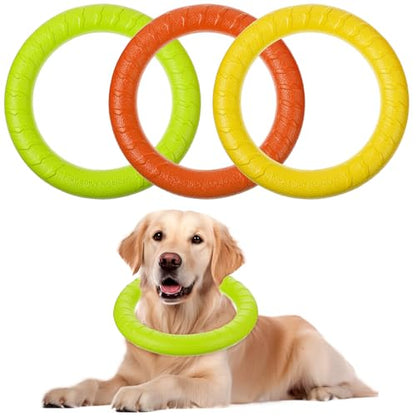 3 Pack Dog Training Rings – Durable EVA Chew Toys for Aggressive Chewers, Floating Fetch & Tug-of-War Toy for Small to Medium Dogs (7-Inch, Green/Orange/Yellow)
