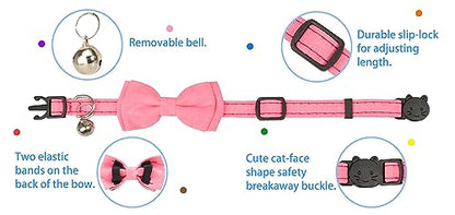 Cat Collar with Bow Tie Bell Breakaway Kitten Small Pet Safety Solid Wedding Basic Pure Color Suede Soft Adjustable [3pcs] Cream & Pink & Rose Red - color: [3pcs] Cream & Pink & Rose Red