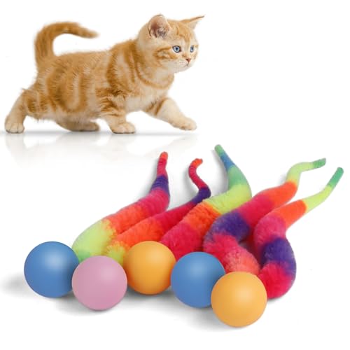 Bouncy Ball with Tail Cat Toys,5 Packs Rainbow Small Magic Worm with Ball Toy for Cats,Colorful Fuzzy Worm Bouncy Balls Cat Toy - color: Small Rainbow fuzzy worm