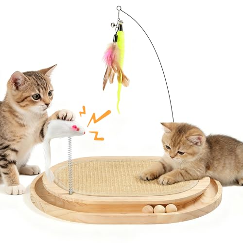 Cat Scratcher, Natural Sisal Scratching Pad, Kitten Interactive Toy with Ball Track & 3 Spring Plush Toys for Chasing Hunting Exercise, Round Wooden Cat Scratchers for Indoor