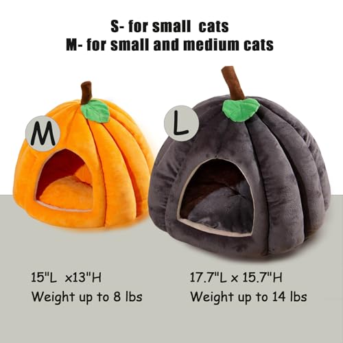 Cat Bed for Indoor Cats - Adorable Cozy Pumpkin Cat Cave with Removable Cushion, Super Soft Pet House Tent for Kittens & Small Pets, Warm & Washable Non-Slip Design(M 17.7 inch Orange) - style: Pumpkin-Orange