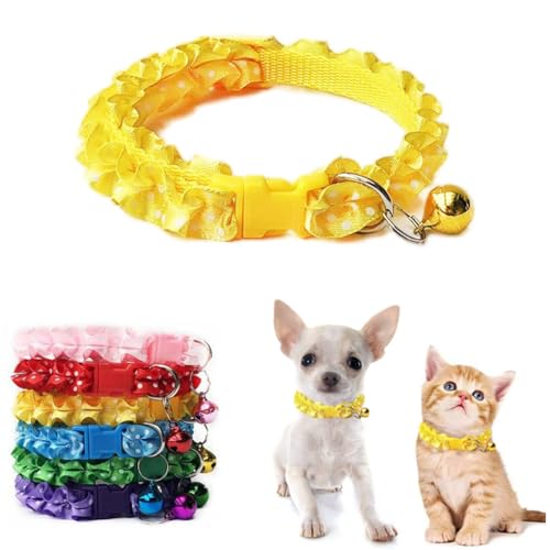 Extra Small Dog Collar with Bell, Yellow Puppy Collar Girl Cat Bell Collar Lace Adjustable for XXS Xs Small Pet Dogs Animal Litter Tiny Kitten Female, XSmall - color: Yellow, size: Neck 7.5-12.6"
