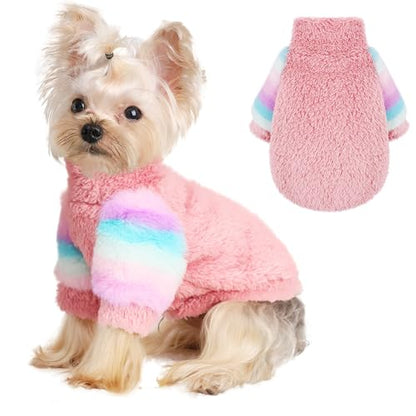 Dog Sweater for Small Winter Warm Fleece Turtleneck Sweatshirt Clothes Boy Girls Pet Pullover with Rainbow Sleeves Cat Apparel Stretchy Outfit(Pink, X-Small) - color: Pink, size: X-Small