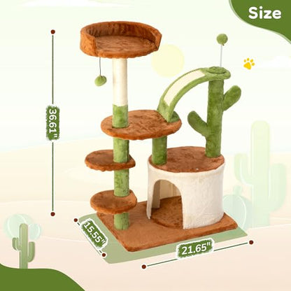 Cactus Cat Tree for Indoor Cats, 36.6" Small Cat Tower with Sisal Scratching Posts, Stable Cat Condo with Perches and Climbing Steps, Brown - color: Brown-1
