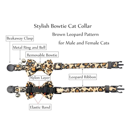 Breakaway Cat Collar, Leopard Pattern, Removable Bowtie, Clear Bell, Safe Release, Quick Release.(Brown Leopard) - color: Leopard Brown