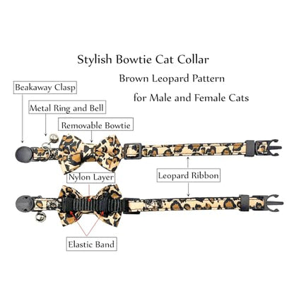 Breakaway Cat Collar, Leopard Pattern, Removable Bowtie, Clear Bell, Safe Release, Quick Release.(Brown Leopard) - color: Leopard Brown