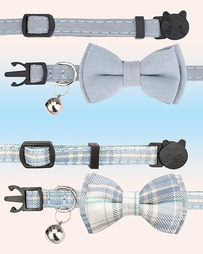 Cat Collar Breakaway Bowtie Safety with Bell Adjustbale Kitten Puppy Solid Plaid Color Set D-[2pcs] Blue - color: D-[2pcs] Blue