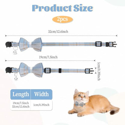 2 PCS Bow Tie Cat Collar with Bells Cat Collar Breakaway Cute Bowtie Plaid Cat Collar with Cat Buckle Soft Adjustable Kitten Accessories for Indoor Cats Puppy and Small Pets Blue and White Plaid