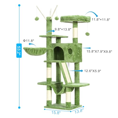 Hey-brother Cat Tree, 53 inch Cat Tower for Indoor Cats, Cat House with Padded Platform Bed, Toy Balls, Large Cozy Condo, Hammocks and Sisal Scratching Posts, Green MPJ019-SGR - color: Green