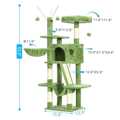 Hey-brother Cat Tree, 53 inch Cat Tower for Indoor Cats, Cat House with Padded Platform Bed, Toy Balls, Large Cozy Condo, Hammocks and Sisal Scratching Posts, Green MPJ019-SGR - color: Green