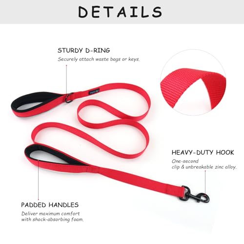 Wagtime Club Double Handle Dog Leash, 6ft Long Heavy Duty Dog Leash with Paded Traffic Handles for Extral Control and Training, Dual Handles Leads, Large Medium Small Dogs (Carnation Red) - color: Carnation Red
