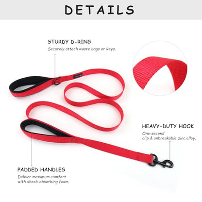 Wagtime Club Double Handle Dog Leash, 6ft Long Heavy Duty Dog Leash with Paded Traffic Handles for Extral Control and Training, Dual Handles Leads, Large Medium Small Dogs (Carnation Red) - color: Carnation Red