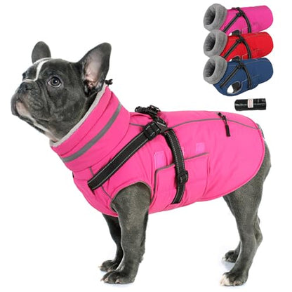 Dog Coat Large, Built-in Harness Dog Jacket with Warm Fleece Lining, Waterproof Reflective Dogs Winter Coat, Pet Coats with Pocket and Trash Bags (Pink, Large) - color: Pink, size: Large