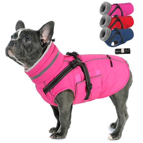 Dog Coat Large, Built-in Harness Dog Jacket with Warm Fleece Lining, Waterproof Reflective Dogs Winter Coat, Pet Coats with Pocket and Trash Bags (Pink, Large) - color: Pink, size: Large